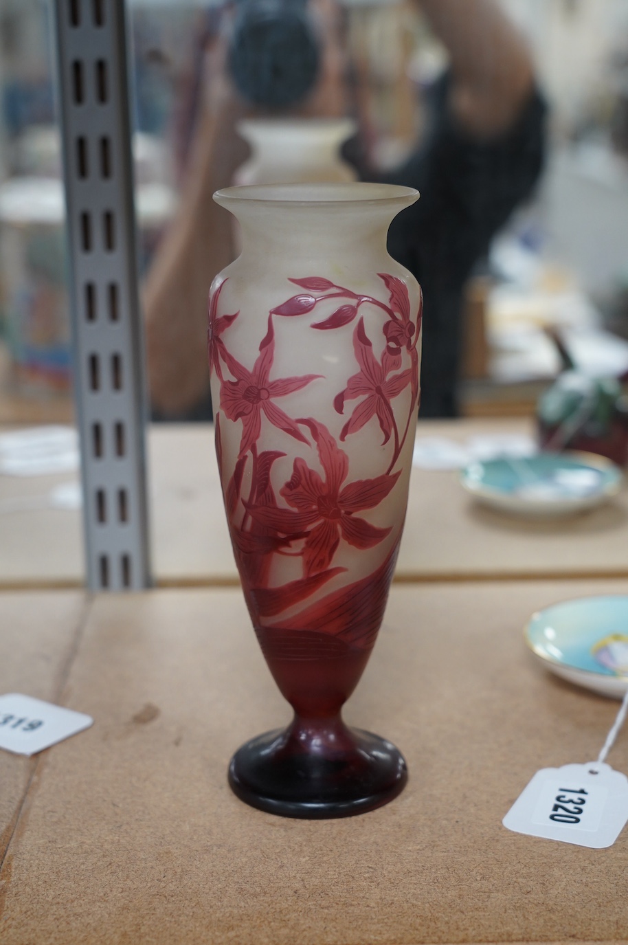 A Gallé red iris vase, 20cm high. Condition - fair to good minor scratches to base etc.